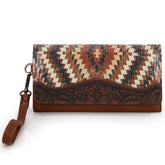 Porte Monnaie Tissu Aztèque et Bande Floral Antique - Brun